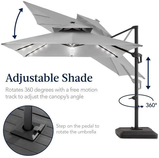 Alt view image 5 of 7 - 9x12ft LED Cantilever Patio Umbrella w/Base Included & 360° Rotation, Large Solar Offset Hanging Outdoor Sun Shade for Deck, Backyard Table w/Stand & Lights Fog Gray