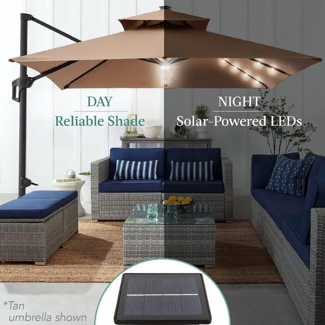 Alt view image 5 of 7 - 10x10ft Cantilever Patio Umbrella w/Base Included, Solar LED Lights 360 Rotation Large Offset Hanging Outdoor Shade for Deck Pool Backyard w/Stand Brown