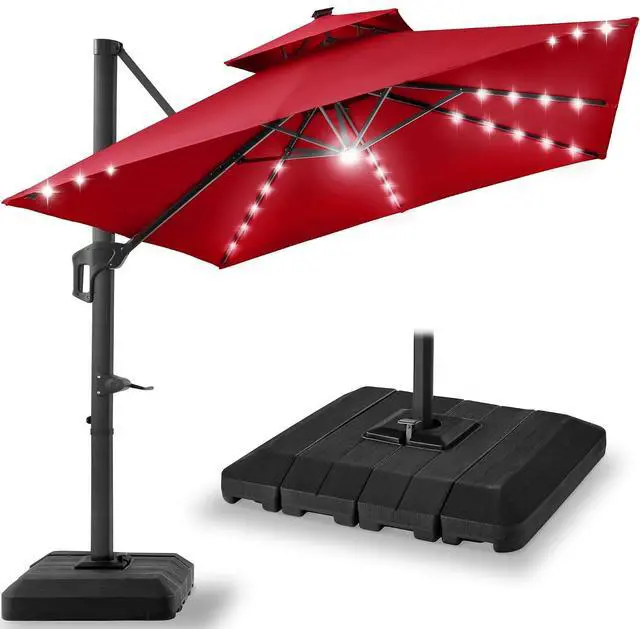 Main image of 10x10ft Cantilever Patio Umbrella w/Base Included, Solar LED Lights 360 Rotation Large Offset Hanging Outdoor Shade for Deck Pool Backyard w/Stand Red