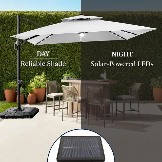 Alt view image 6 of 7 - 9x12ft LED Cantilever Patio Umbrella w/Base Included & 360° Rotation, Large Solar Offset Hanging Outdoor Sun Shade for Deck, Backyard Table w/Stand & Lights Fog Gray