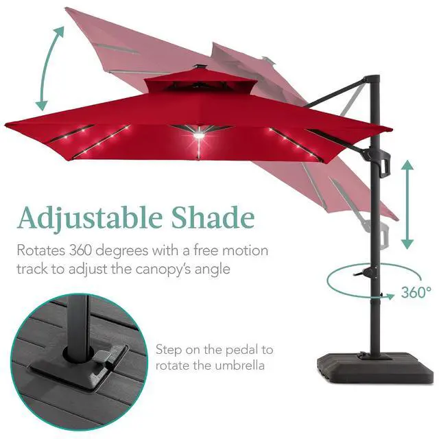 Alt view image 4 of 7 - 10x10ft Cantilever Patio Umbrella w/Base Included, Solar LED Lights 360 Rotation Large Offset Hanging Outdoor Shade for Deck Pool Backyard w/Stand Red
