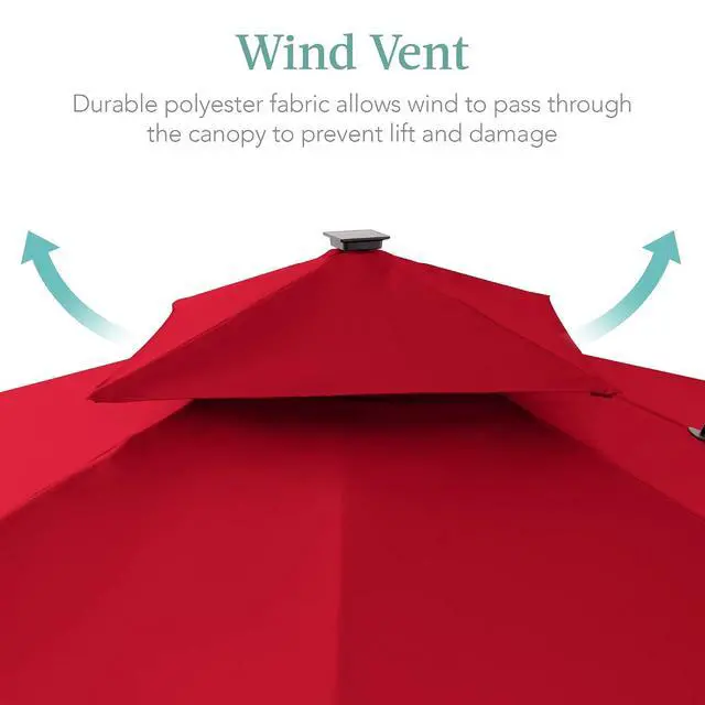 Alt view image 6 of 7 - 10x10ft Cantilever Patio Umbrella w/Base Included, Solar LED Lights 360 Rotation Large Offset Hanging Outdoor Shade for Deck Pool Backyard w/Stand Red