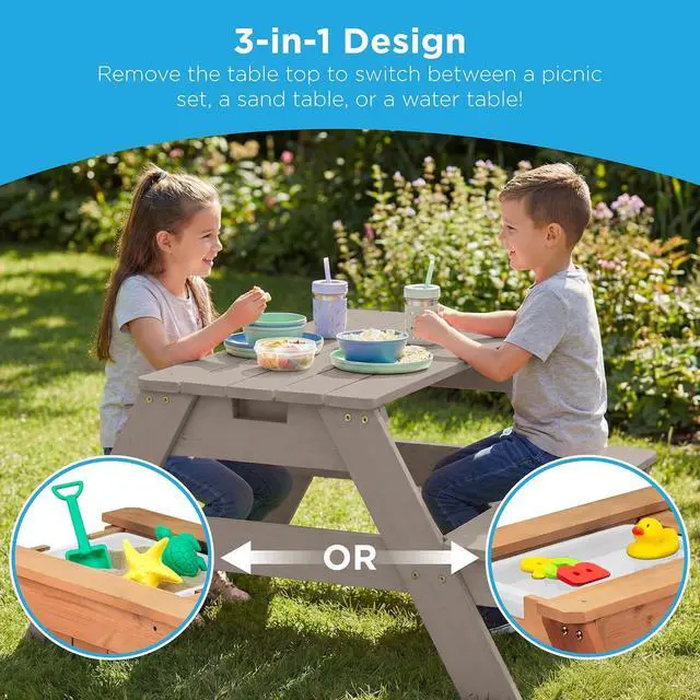 Alt view image 4 of 7 - Kids Picnic Table with Umbrella, 3-in-1 Sand & Water Table, Outdoor Convertible Picnic Table for Toddlers, Seats 4, Removable Top, 2 Buckets - Gray