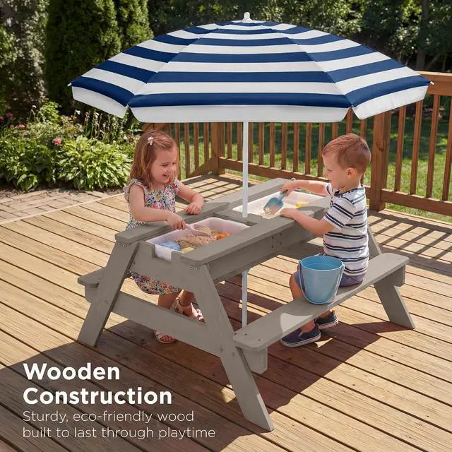 Alt view image 5 of 7 - Kids Picnic Table with Umbrella, 3-in-1 Sand & Water Table, Outdoor Convertible Picnic Table for Toddlers, Seats 4, Removable Top, 2 Buckets - Gray