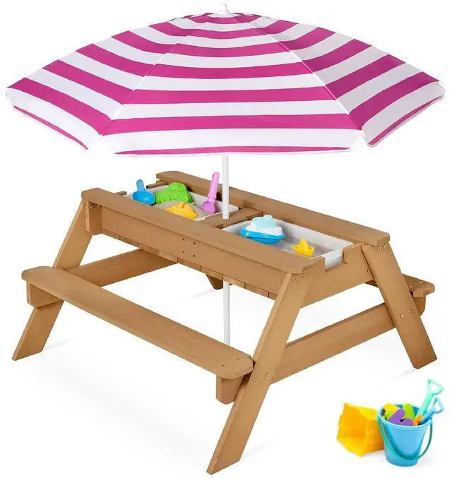 Main image of Kids Picnic Table with Umbrella, 3-in-1 Sand & Water Table, Outdoor Convertible Picnic Table for Toddlers, Seats 4, Removable Top, 2 Buckets - Fuchsia