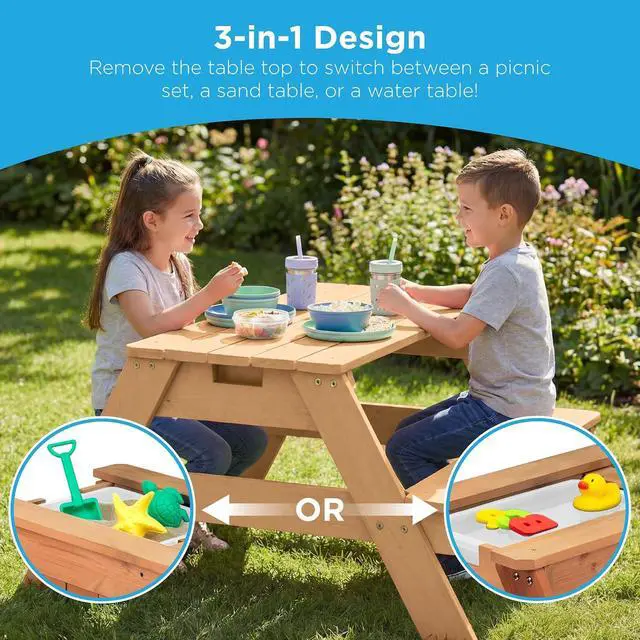 Alt view image 4 of 7 - Kids Picnic Table with Umbrella, 3-in-1 Sand & Water Table, Outdoor Convertible Picnic Table for Toddlers, Seats 4, Removable Top, 2 Buckets - Fuchsia