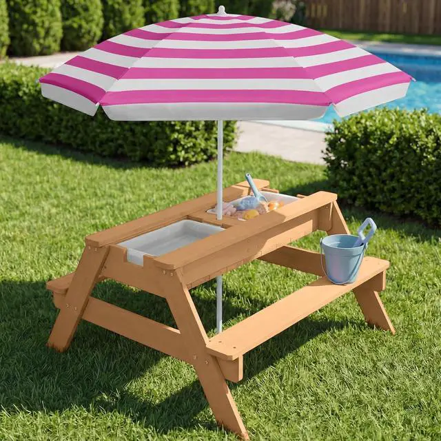 Alt view image 2 of 7 - Kids Picnic Table with Umbrella, 3-in-1 Sand & Water Table, Outdoor Convertible Picnic Table for Toddlers, Seats 4, Removable Top, 2 Buckets - Fuchsia