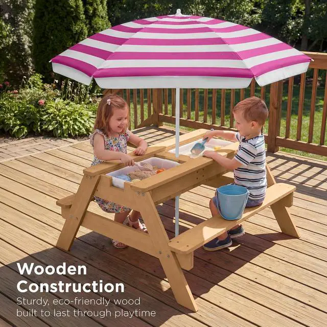 Alt view image 5 of 7 - Kids Picnic Table with Umbrella, 3-in-1 Sand & Water Table, Outdoor Convertible Picnic Table for Toddlers, Seats 4, Removable Top, 2 Buckets - Fuchsia