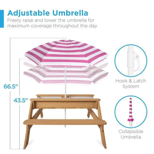 Alt view image 6 of 7 - Kids Picnic Table with Umbrella, 3-in-1 Sand & Water Table, Outdoor Convertible Picnic Table for Toddlers, Seats 4, Removable Top, 2 Buckets - Fuchsia