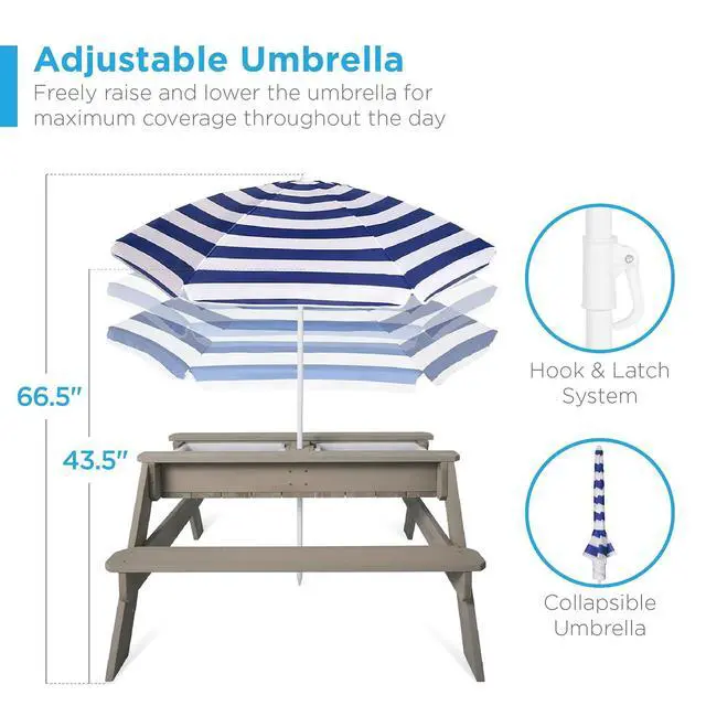 Alt view image 6 of 7 - Kids Picnic Table with Umbrella, 3-in-1 Sand & Water Table, Outdoor Convertible Picnic Table for Toddlers, Seats 4, Removable Top, 2 Buckets - Gray