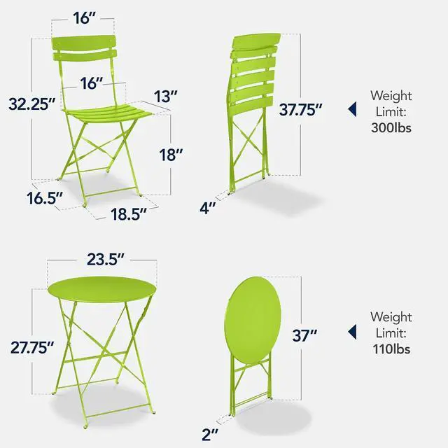 Alt view image 2 of 7 - 3-Piece Bistro Set, Space Saving Folding Design, Solid Steel, Outdoor Patio Furniture Set w/ 2 Chairs, Bistro Table - Lime Green