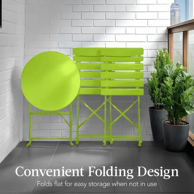 Alt view image 5 of 7 - 3-Piece Bistro Set, Space Saving Folding Design, Solid Steel, Outdoor Patio Furniture Set w/ 2 Chairs, Bistro Table - Lime Green