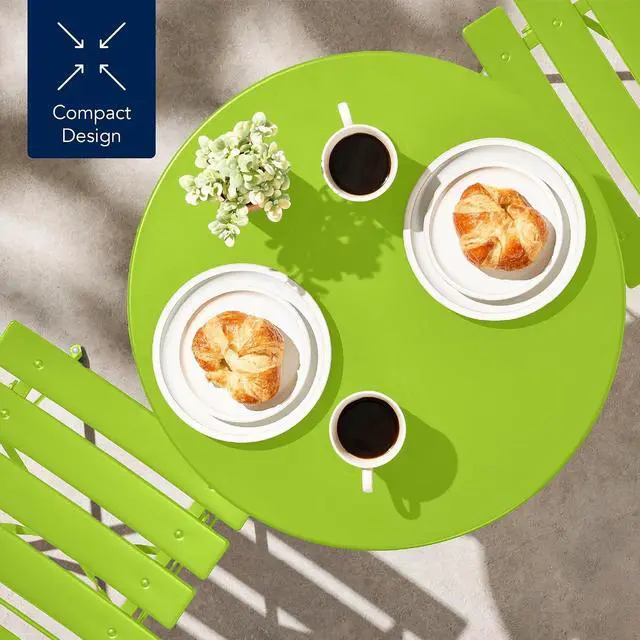 Alt view image 6 of 7 - 3-Piece Bistro Set, Space Saving Folding Design, Solid Steel, Outdoor Patio Furniture Set w/ 2 Chairs, Bistro Table - Lime Green