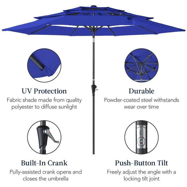 Alt view image 6 of 7 - 10ft 3-Tier Market Patio Umbrella, Outdoor Sun Shade with Tilt, Crank Lift, 8 Ribs for Backyard, Deck, Poolside Resort Blue