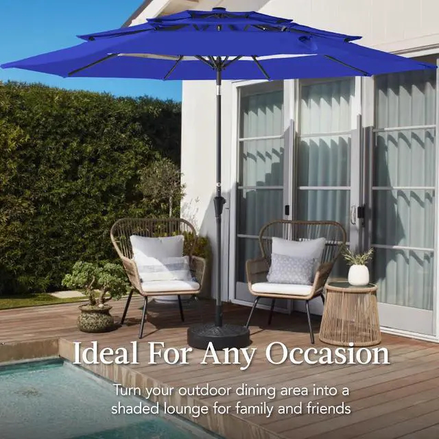 Alt view image 4 of 7 - 10ft 3-Tier Market Patio Umbrella, Outdoor Sun Shade with Tilt, Crank Lift, 8 Ribs for Backyard, Deck, Poolside Resort Blue