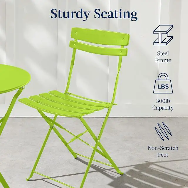 Alt view image 7 of 7 - 3-Piece Bistro Set, Space Saving Folding Design, Solid Steel, Outdoor Patio Furniture Set w/ 2 Chairs, Bistro Table - Lime Green