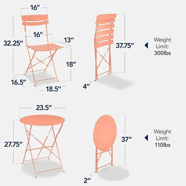Alt view image 2 of 7 - 3-Piece Bistro Set, Space Saving Folding Design, Solid Steel, Outdoor Patio Furniture Set w/ 2 Chairs, Bistro Table - Coral