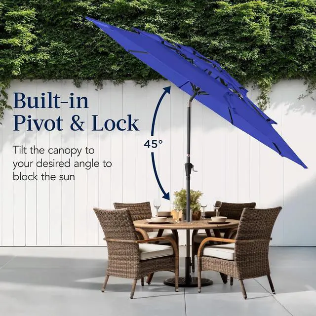 Alt view image 5 of 7 - 10ft 3-Tier Market Patio Umbrella, Outdoor Sun Shade with Tilt, Crank Lift, 8 Ribs for Backyard, Deck, Poolside Resort Blue