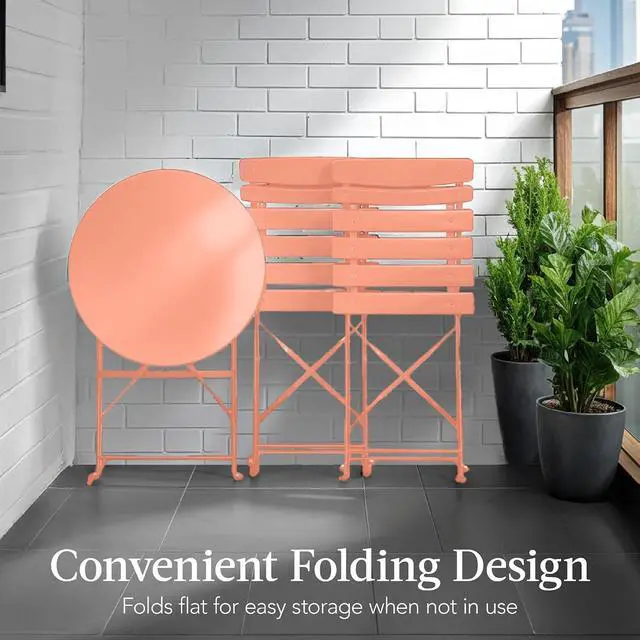 Alt view image 5 of 7 - 3-Piece Bistro Set, Space Saving Folding Design, Solid Steel, Outdoor Patio Furniture Set w/ 2 Chairs, Bistro Table - Coral