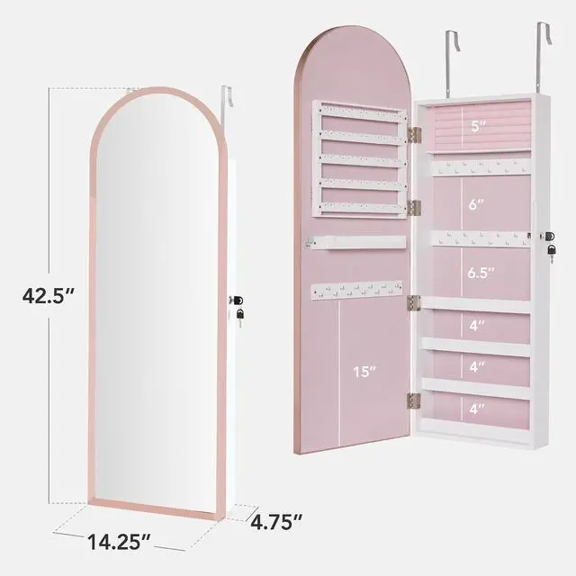 Alt view image 2 of 7 - Arch Mirror Jewelry Cabinet, Jewelry Storage Organizer, Armoire, Lockable Wall or Door Mountable, Full-Length Mirror - Rose Gold