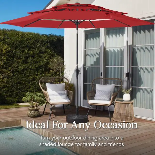 Alt view image 4 of 7 - 10ft 3-Tier Market Patio Umbrella, Outdoor Sun Shade with Tilt, Crank Lift, 8 Ribs for Backyard, Deck, Poolside Red