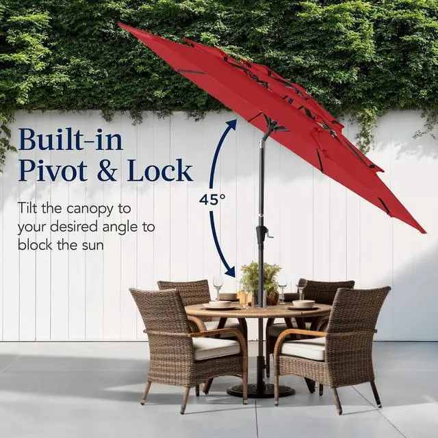 Alt view image 5 of 7 - 10ft 3-Tier Market Patio Umbrella, Outdoor Sun Shade with Tilt, Crank Lift, 8 Ribs for Backyard, Deck, Poolside Red