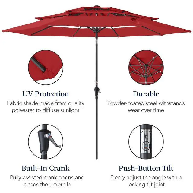 Alt view image 6 of 7 - 10ft 3-Tier Market Patio Umbrella, Outdoor Sun Shade with Tilt, Crank Lift, 8 Ribs for Backyard, Deck, Poolside Red