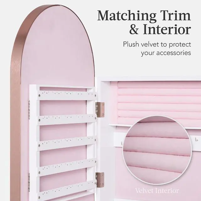 Alt view image 4 of 7 - Arch Mirror Jewelry Cabinet, Jewelry Storage Organizer, Armoire, Lockable Wall or Door Mountable, Full-Length Mirror - Rose Gold