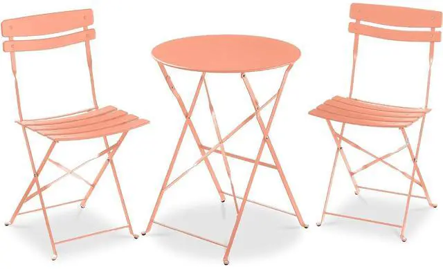 Main image of 3-Piece Bistro Set, Space Saving Folding Design, Solid Steel, Outdoor Patio Furniture Set w/ 2 Chairs, Bistro Table - Coral