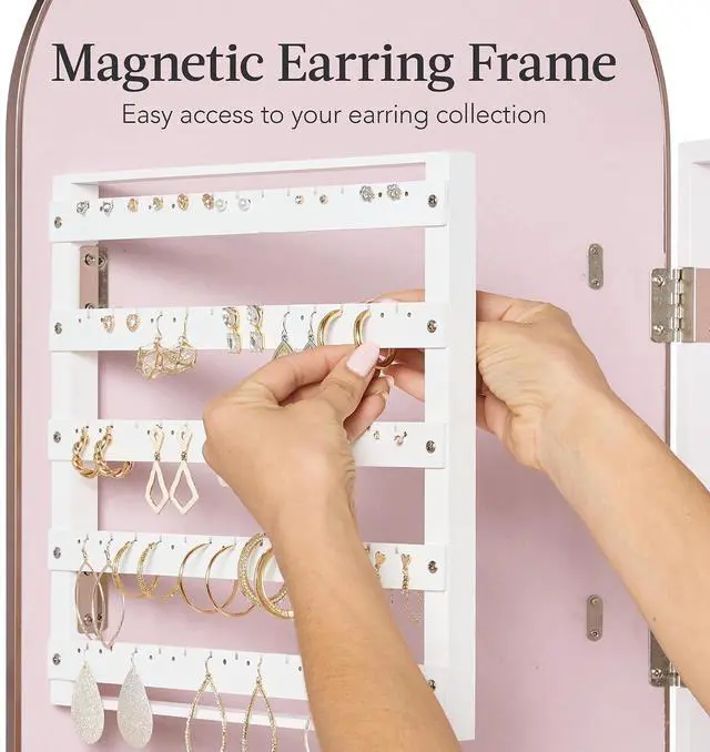 Alt view image 6 of 7 - Arch Mirror Jewelry Cabinet, Jewelry Storage Organizer, Armoire, Lockable Wall or Door Mountable, Full-Length Mirror - Rose Gold