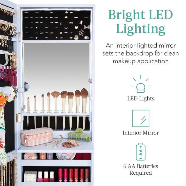 Alt view image 3 of 7 - LED Mirror Jewelry Cabinet, Tall Lockable Wall or Door Mounted Jewelry Armoire Organizer with Mirror, 2 Drawers, Lock, Cosmetic Tray, Shelves - Powder Blue