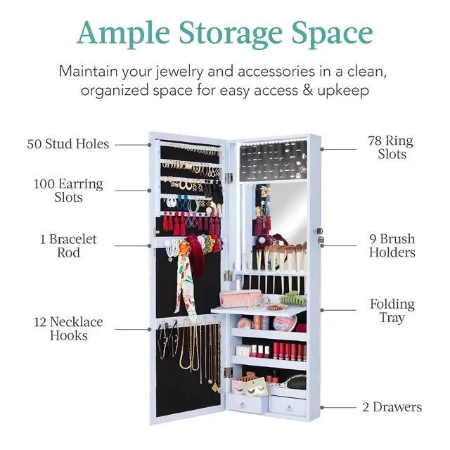 Alt view image 4 of 7 - LED Mirror Jewelry Cabinet, Tall Lockable Wall or Door Mounted Jewelry Armoire Organizer with Mirror, 2 Drawers, Lock, Cosmetic Tray, Shelves - Powder Blue