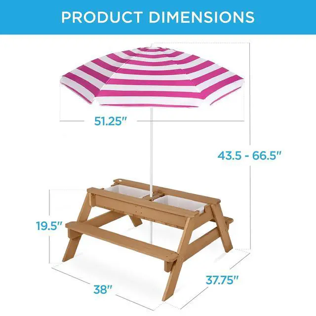 Alt view image 3 of 7 - Kids Picnic Table with Umbrella, 3-in-1 Sand & Water Table, Outdoor Convertible Picnic Table for Toddlers, Seats 4, Removable Top, 2 Buckets - Fuchsia