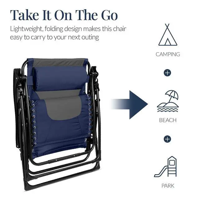 Alt view image 6 of 7 - Oversized Padded Zero Gravity Chair, Folding Outdoor Patio Recliner, XL Anti Gravity Lounger for Backyard w/Headrest, Cup Holder, Side Tray, Polyester Mesh - Navy/Gray