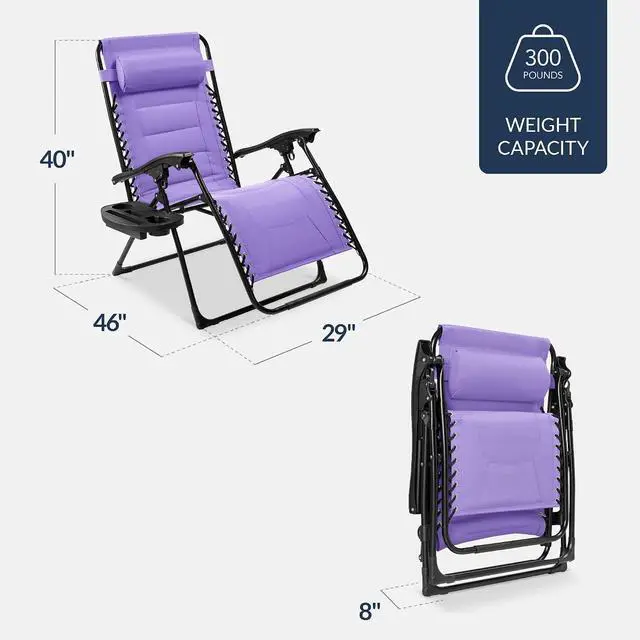 Alt view image 2 of 7 - Oversized Padded Zero Gravity Chair, Folding Outdoor Patio Recliner, XL Anti Gravity Lounger for Backyard w/Headrest, Cup Holder, Side Tray, Polyester Mesh - Violet