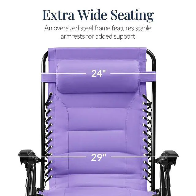 Alt view image 3 of 7 - Oversized Padded Zero Gravity Chair, Folding Outdoor Patio Recliner, XL Anti Gravity Lounger for Backyard w/Headrest, Cup Holder, Side Tray, Polyester Mesh - Violet