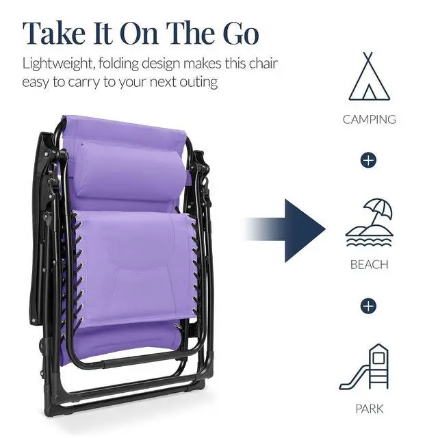 Alt view image 5 of 7 - Oversized Padded Zero Gravity Chair, Folding Outdoor Patio Recliner, XL Anti Gravity Lounger for Backyard w/Headrest, Cup Holder, Side Tray, Polyester Mesh - Violet