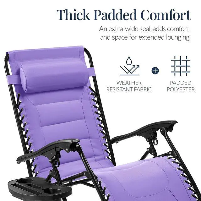 Alt view image 4 of 7 - Oversized Padded Zero Gravity Chair, Folding Outdoor Patio Recliner, XL Anti Gravity Lounger for Backyard w/Headrest, Cup Holder, Side Tray, Polyester Mesh - Violet