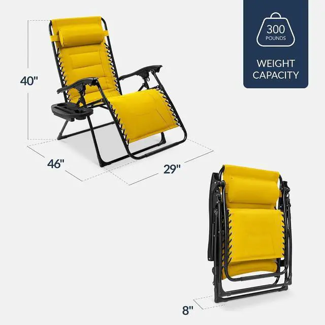 Alt view image 2 of 7 - Oversized Padded Zero Gravity Chair, Folding Outdoor Patio Recliner, XL Anti Gravity Lounger for Backyard w/Headrest, Cup Holder, Side Tray, Polyester Mesh - Yellow