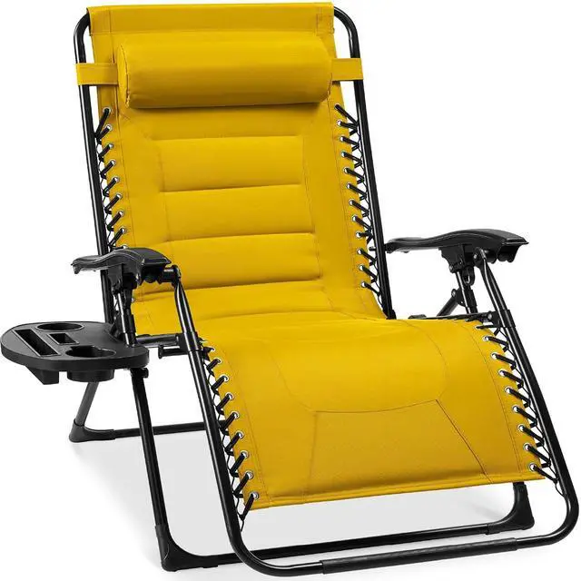 Main image of Oversized Padded Zero Gravity Chair, Folding Outdoor Patio Recliner, XL Anti Gravity Lounger for Backyard w/Headrest, Cup Holder, Side Tray, Polyester Mesh - Yellow
