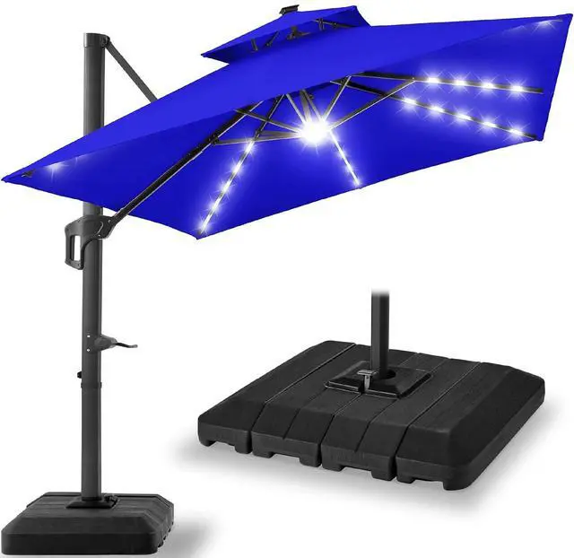 Main image of 9x12ft LED Cantilever Patio Umbrella w/Base Included & 360° Rotation, Large Solar Offset Hanging Outdoor Sun Shade for Deck, Backyard Table w/Stand & Lights Resort Blue