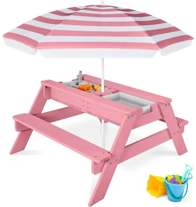 Main image of Kids Picnic Table with Umbrella, 3-in-1 Sand & Water Table, Outdoor Convertible Picnic Table for Toddlers, Seats 4, Removable Top, 2 Buckets - Pink