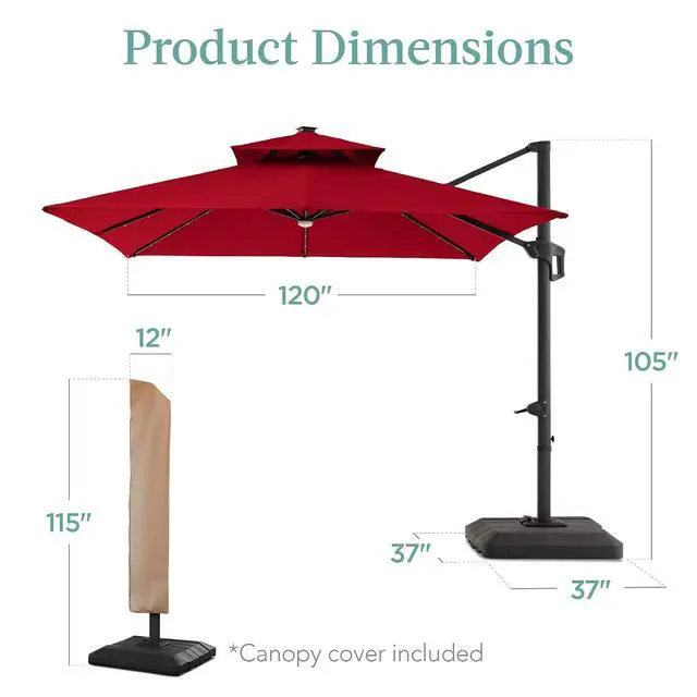 Alt view image 7 of 7 - 10x10ft Cantilever Patio Umbrella w/Base Included, Solar LED Lights 360 Rotation Large Offset Hanging Outdoor Shade for Deck Pool Backyard w/Stand Red