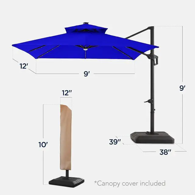 Alt view image 2 of 7 - 9x12ft LED Cantilever Patio Umbrella w/Base Included & 360° Rotation, Large Solar Offset Hanging Outdoor Sun Shade for Deck, Backyard Table w/Stand & Lights Resort Blue