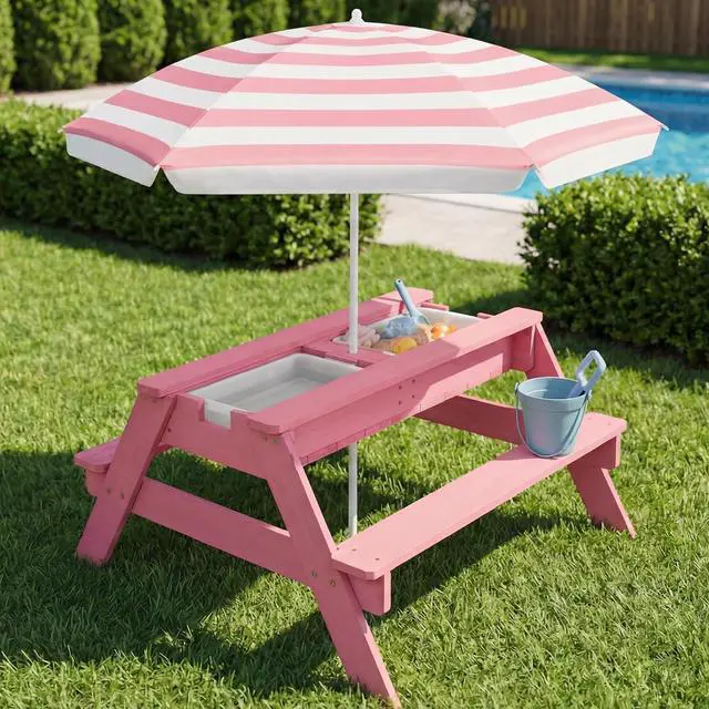 Alt view image 2 of 7 - Kids Picnic Table with Umbrella, 3-in-1 Sand & Water Table, Outdoor Convertible Picnic Table for Toddlers, Seats 4, Removable Top, 2 Buckets - Pink