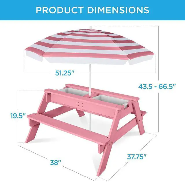 Alt view image 3 of 7 - Kids Picnic Table with Umbrella, 3-in-1 Sand & Water Table, Outdoor Convertible Picnic Table for Toddlers, Seats 4, Removable Top, 2 Buckets - Pink