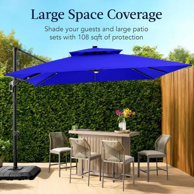 Alt view image 4 of 7 - 9x12ft LED Cantilever Patio Umbrella w/Base Included & 360° Rotation, Large Solar Offset Hanging Outdoor Sun Shade for Deck, Backyard Table w/Stand & Lights Resort Blue