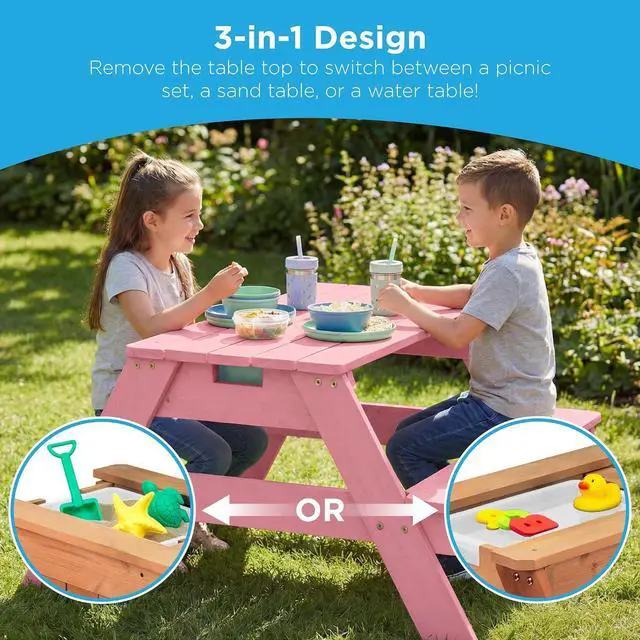 Alt view image 4 of 7 - Kids Picnic Table with Umbrella, 3-in-1 Sand & Water Table, Outdoor Convertible Picnic Table for Toddlers, Seats 4, Removable Top, 2 Buckets - Pink