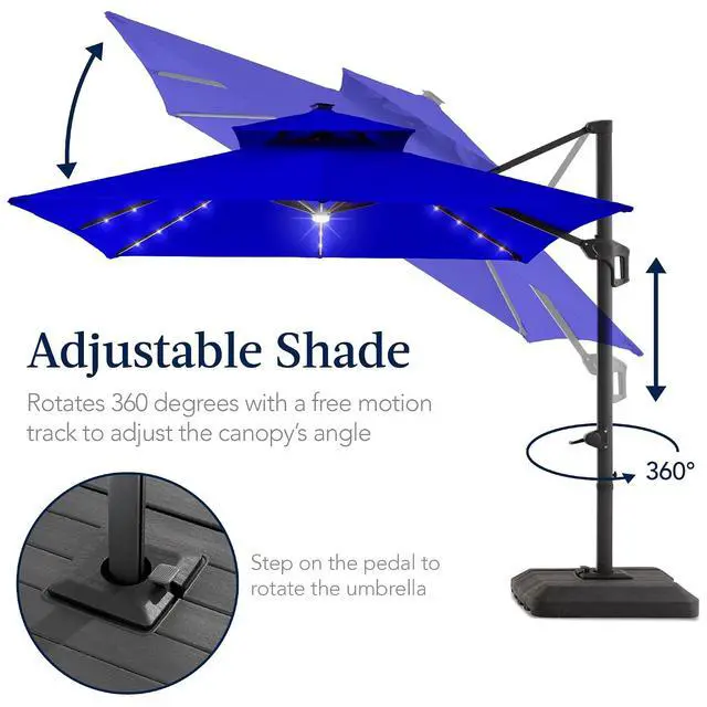 Alt view image 5 of 7 - 9x12ft LED Cantilever Patio Umbrella w/Base Included & 360° Rotation, Large Solar Offset Hanging Outdoor Sun Shade for Deck, Backyard Table w/Stand & Lights Resort Blue