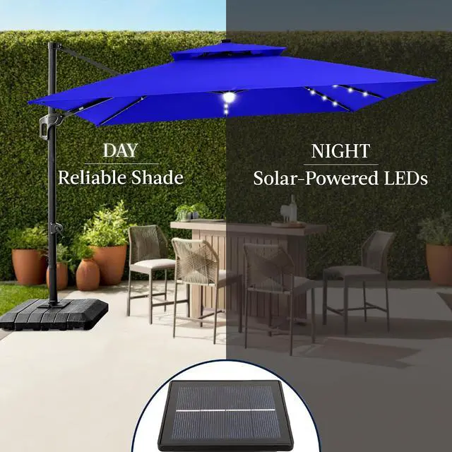Alt view image 6 of 7 - 9x12ft LED Cantilever Patio Umbrella w/Base Included & 360° Rotation, Large Solar Offset Hanging Outdoor Sun Shade for Deck, Backyard Table w/Stand & Lights Resort Blue